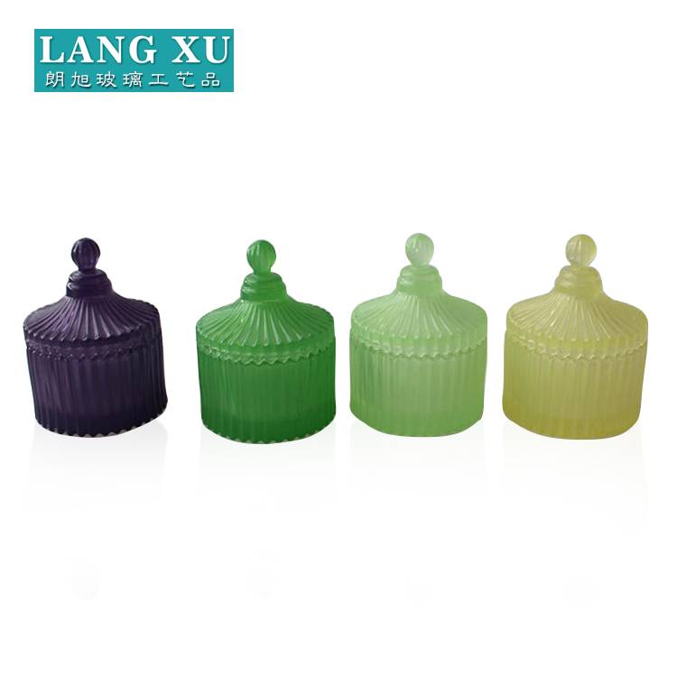 9.3cm*12cm*345g mini luxury vertical stripes carved brown,yellow or green colored candy  glass jar with glass lid