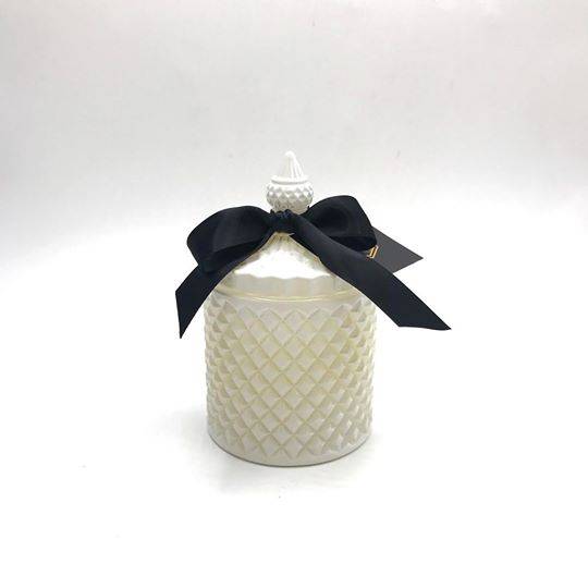 large luxury diamond cut lidded scented soy candle in steepletop black/white colored glass jar