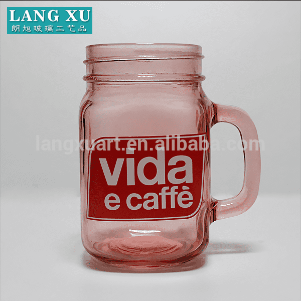 LXXZ-C004 custom logo printed 360ml beverage drinking colored glass mason jars with handle