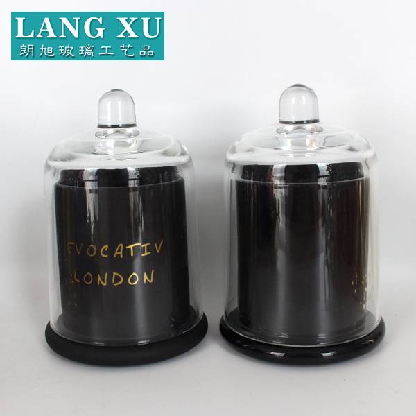 luxury customized matte black glass cloche bell shape gold logo printed candle jar with lid