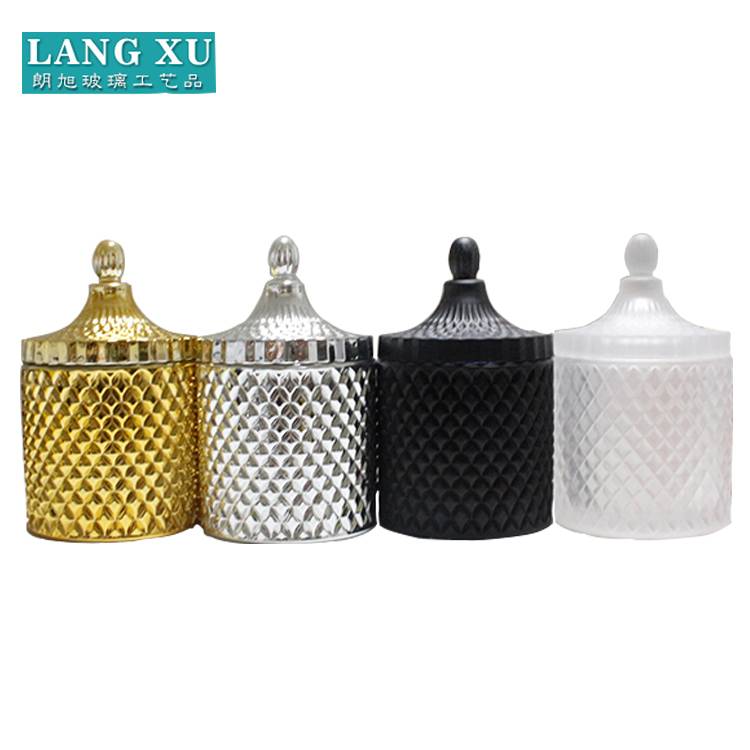 Hand pressed Langxu wholesale frosted glass candle jars with lids