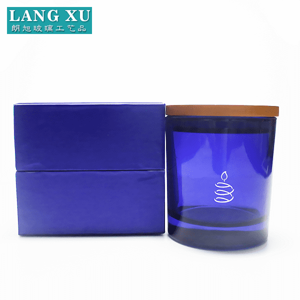 Decorative blue colored logo printing glass luxury candle jar with lid and color box