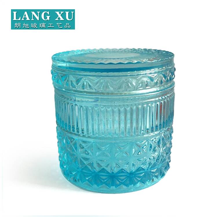LX hot sell Christmas gift embossed vintage classic design blue green colored glass candle jar with glass lid