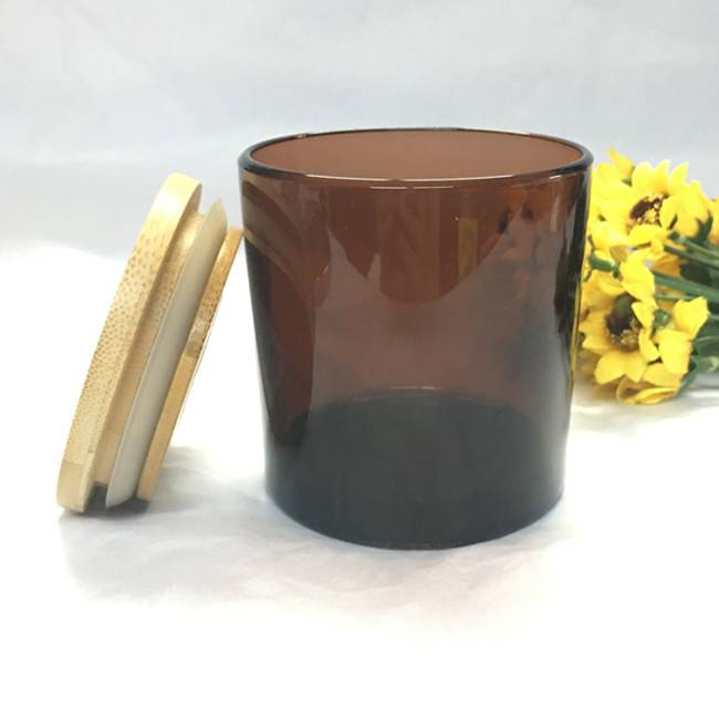 LX8385 solid color glass 8.3×8.5cm amber glass candle holder with bamboo lid
