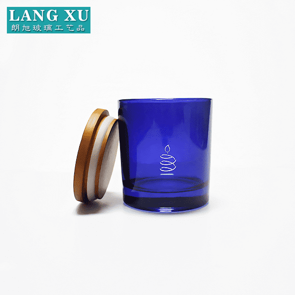Decorative blue colored glass candle jars transparent blue candle holders with wooden lid