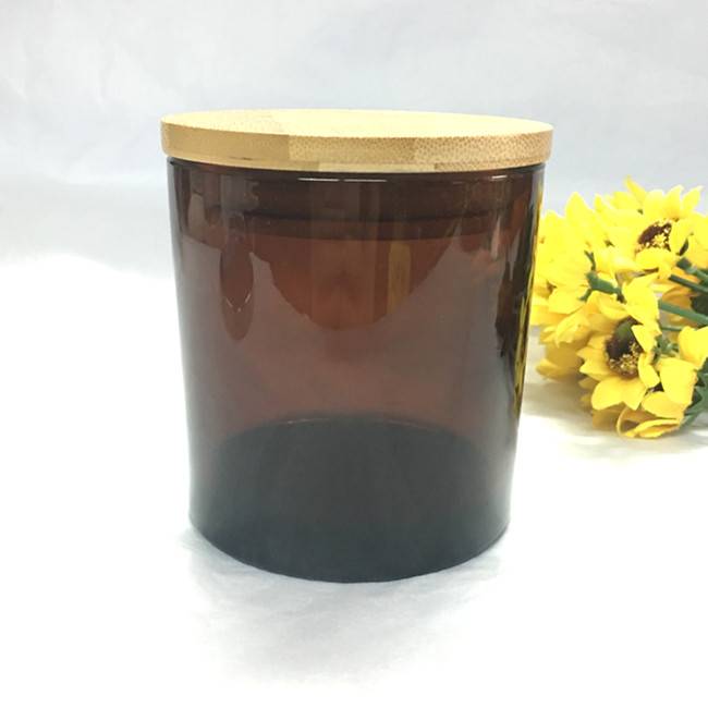 9oz cut color amber glass candle jar with wooden lid