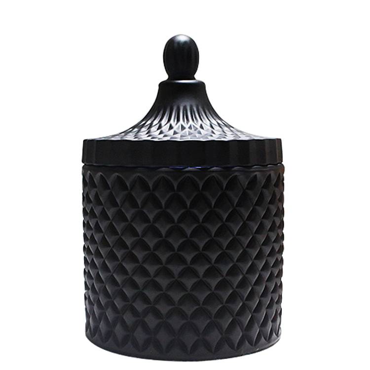LXHY-T040 antique fancy decorative  empty diamond embossed luxury matte black glass candle jar with lid