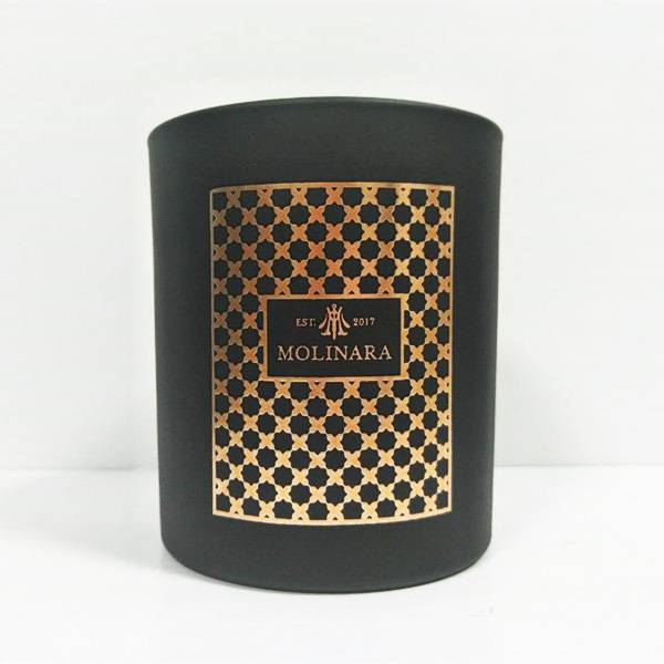 FSC90100 360ml luxury  elegant classical cylinder matte black glass candle jar holder with hot-stampling rose gold logo pattern