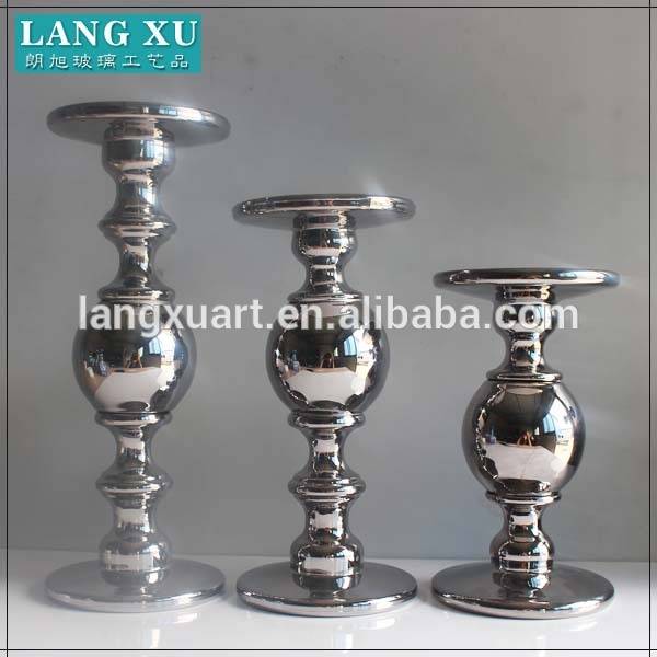Silver plating tall beaded glass candlestick stands for wedding decoration