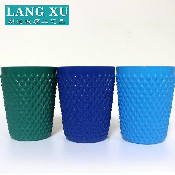 LXFJ125  D8XH10cm diamond  embossed ion plating green or blue colored empty glass candle holder