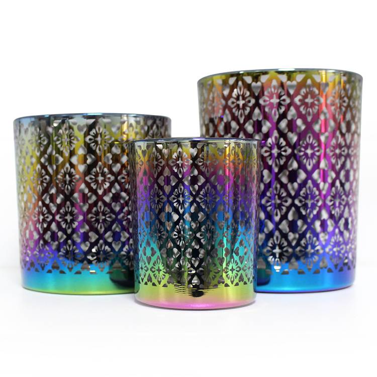 270ml and 350ml christmas luxury rainbow colored electroplated and engraved flower pattern  glass candle jar