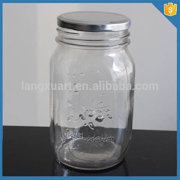 disposable customized embossed logo blue glass mason jar with cap 490ml