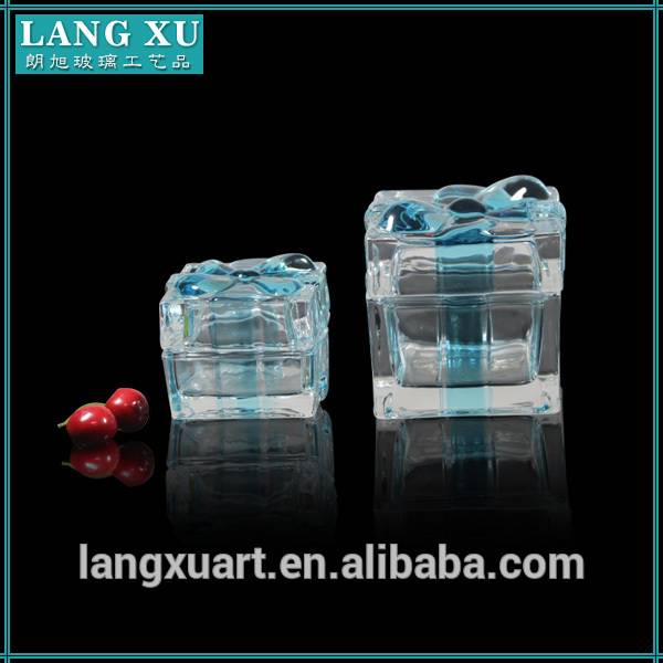 unique classic design blue crystal butterfly knot square glass candy jar with lid