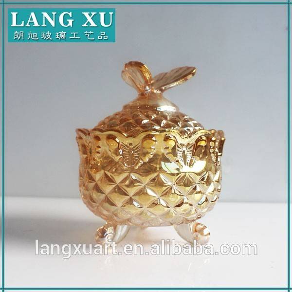 LX-T078 electro plating gold crystal butterfly covered wedding empty glass candy box dish with legs