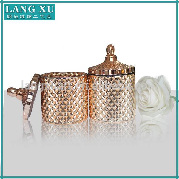 high quality geo cut rose gold diamond candle jar with glass lid