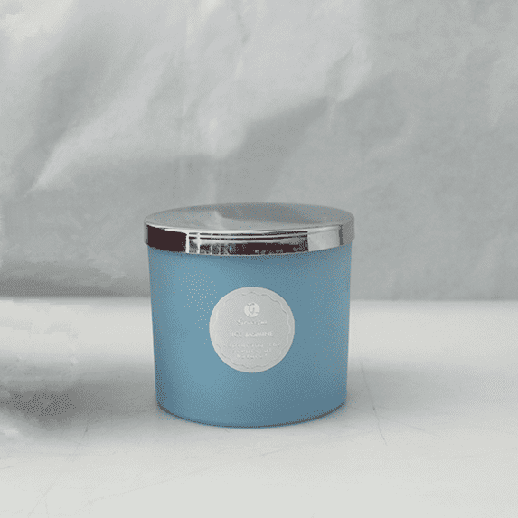 330 ml frosted blue glass candle holder with stainless steel lid