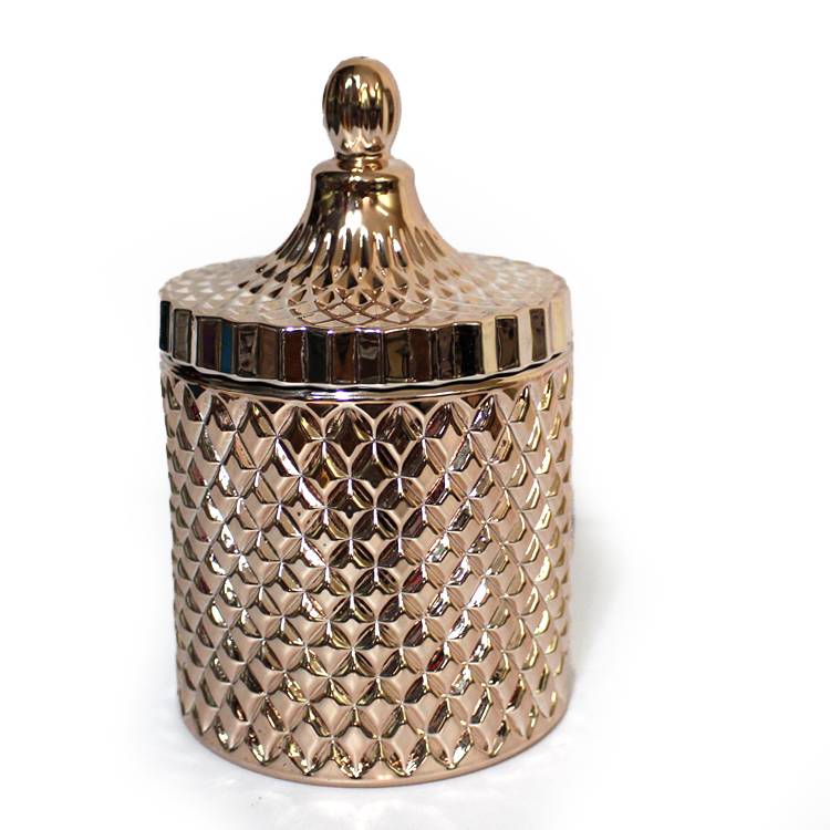 LX-T066 gel cut diamond pattern rose gold glass candle jar with glass lid
