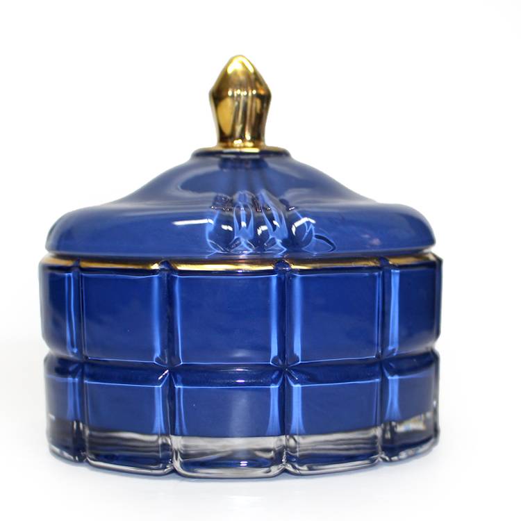 Ribbed glass hand-made mini wholesale dark blue colored gold rim luxury candy dish glass with lid