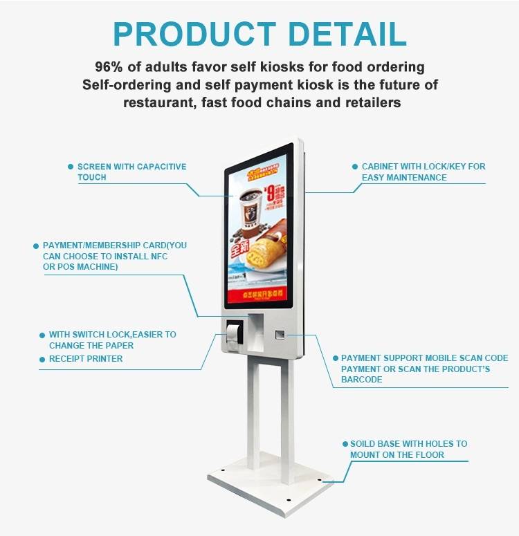 Quiosc de comandes de pagament d'autoservei amb pantalla tàctil de 32 polzades per a menjar ràpid McDonald'sKFCrestaurantsupermarket (5)