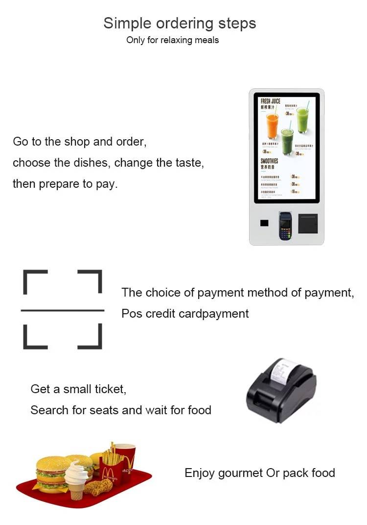 Kiosk pesanan pembayaran layan diri skrin sentuh 32 inci untuk makanan segera McDonald'sKFCrestaurantsupermarket (6)