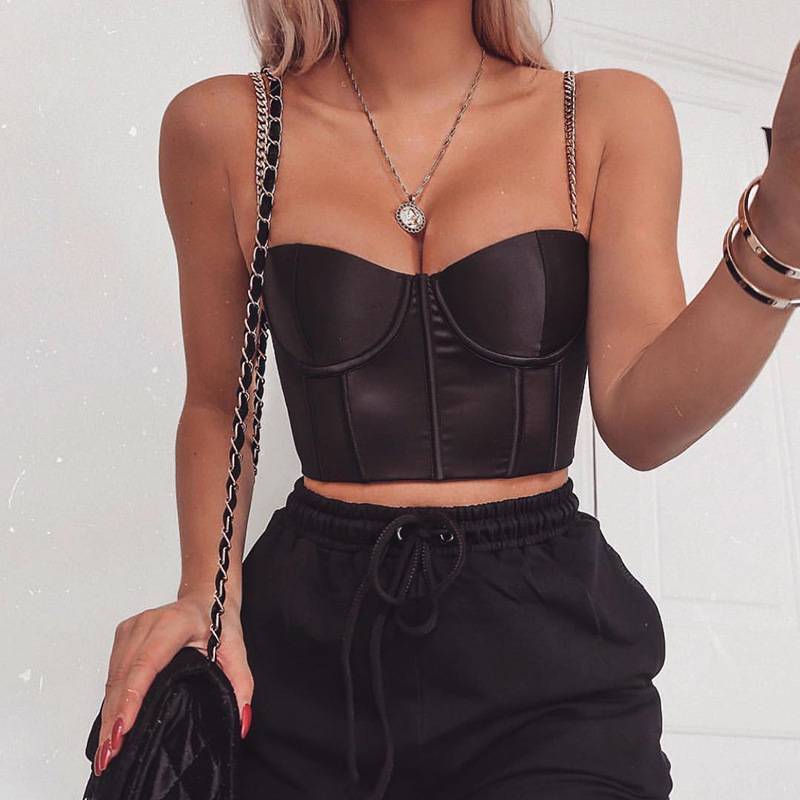 TP830009 new arrival RTS sexy chain spaghetti strapped woman tops fashionable custom cropped tank tops vest with padding