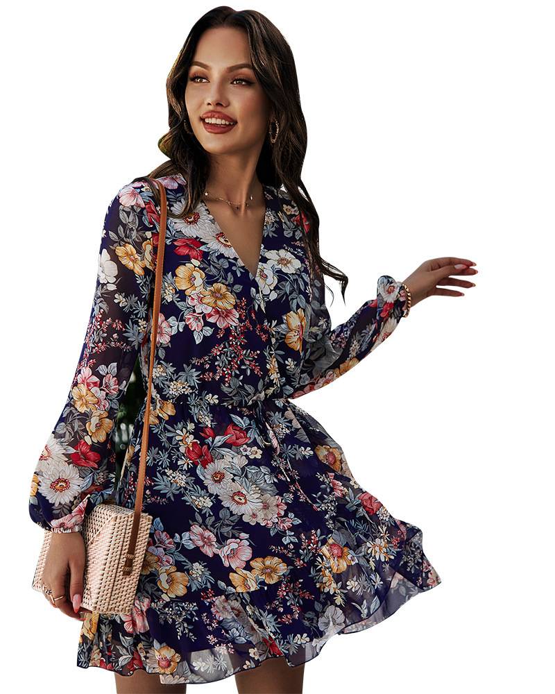 DR86003 woman 2021 spring and summer V-neck Long Sleeve Chiffon flower Print mini dresses casual Dress