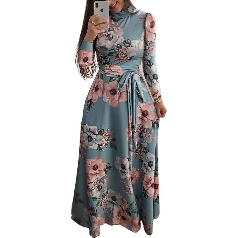 DR80041 OEM plus size o neck Elastic waist casual maxi satin long sleeve elegant floral bodycon bandage dress forspring autumn
