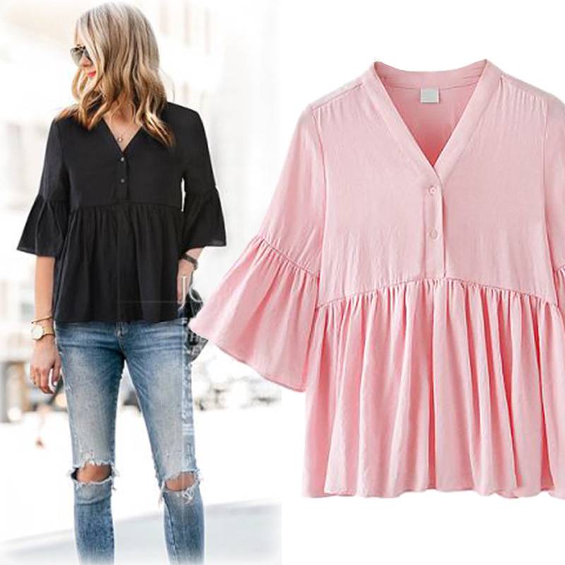 BL80079 2021 Boutique Sweet Pink white ruffle V neck button loose casual plus size flare women blouse & tops