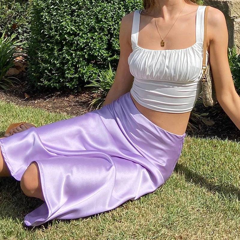 SK870001 New Arrivals 2021 Women’s Vintage Violet High Waist A-Line Popular Satin Skirts For Spring Summer