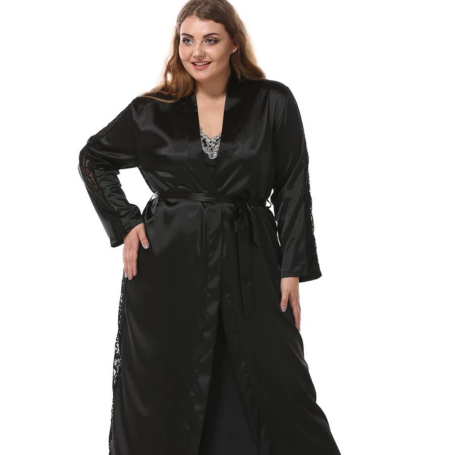 PY80116 hot sale solid color long bathrobe plus size pyjamas silk women nighty lace-up sexy lace sleeve women sleepwear robe