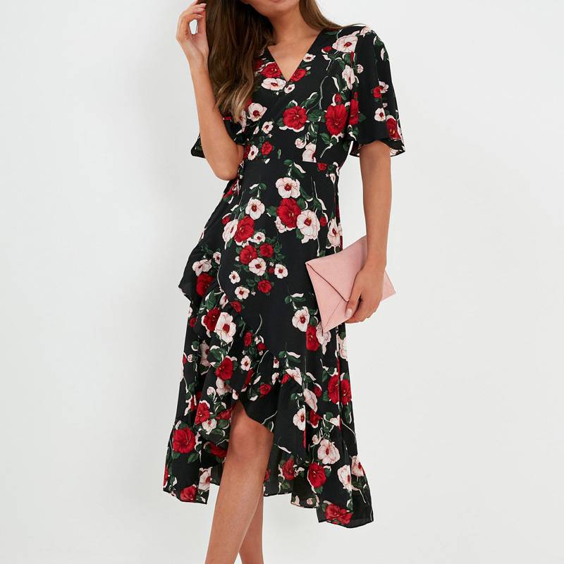 DR86002 2021 woman retro printed V-neck high waist irregular Flower Print Dress Chiffon casual Dresses summer