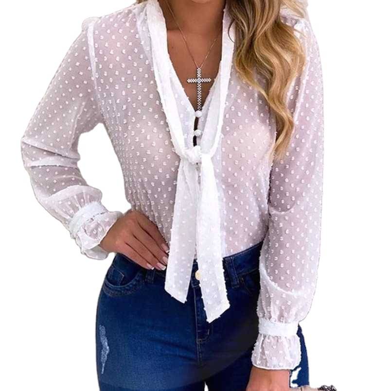 BL80118 Customized 2021 elegant women long sleeve dobby chiffon top blouse female blouses