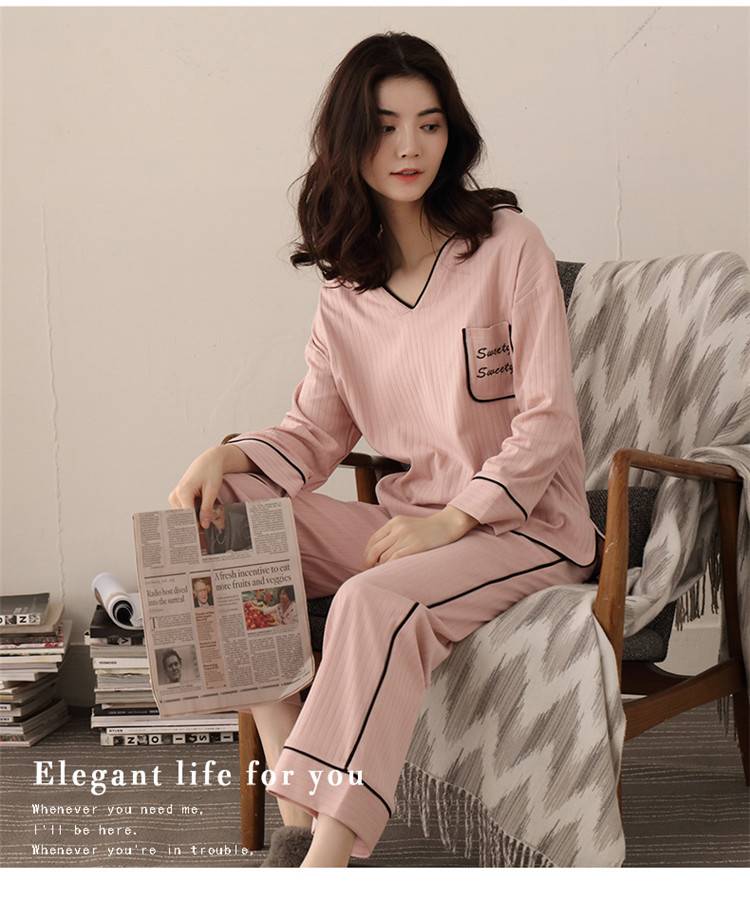 PY870005 High Quality Elegant Sweet Women Cotton Korean Long Sleeve Set Sleepwear Pajama