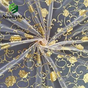 nylon gold rose foil printed tulle mesh lace fabric for wedding decoration