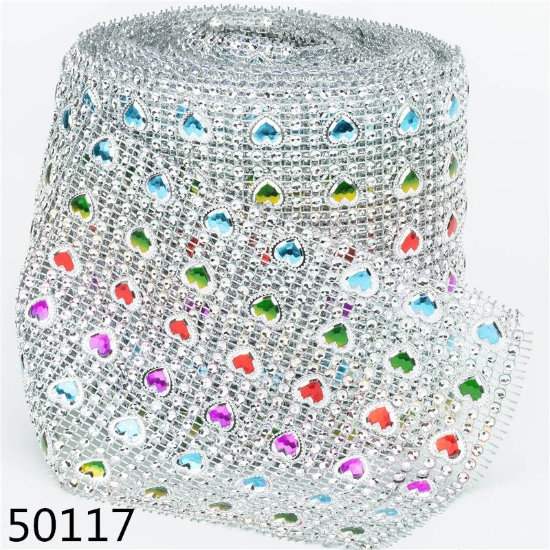 Customized 6 Rows 10 Yards Pearly Heart Plastic Rhinestone Mesh Roll for Wedding Bridal Clothes Festival Decoration