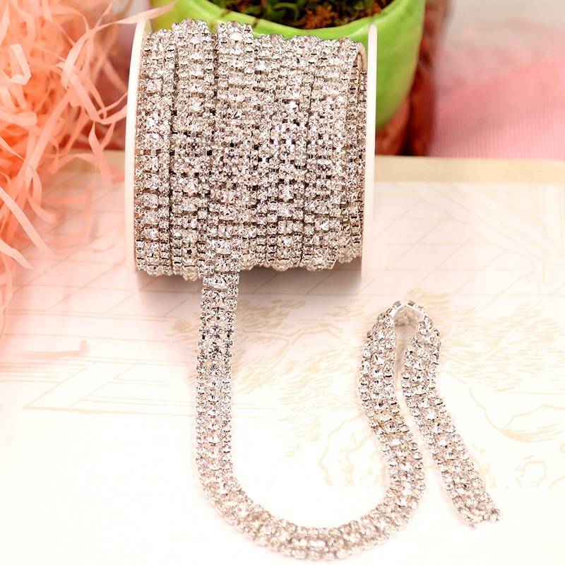 Wholesale Factory Crystal Rhinestone 3 Row Trimming Close Cup Chain for Jewelry Strass Finding Accessories