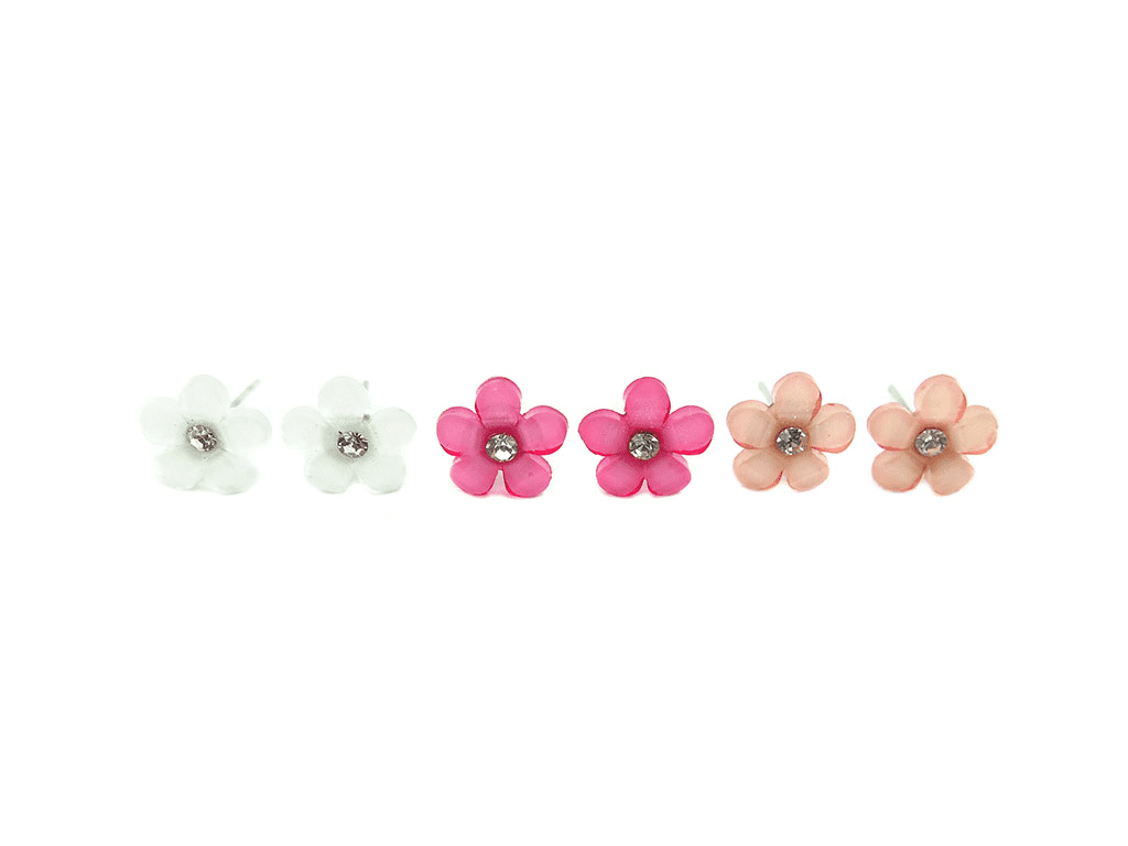 kids’ earring pins with a flower with stone-3 pairs per card