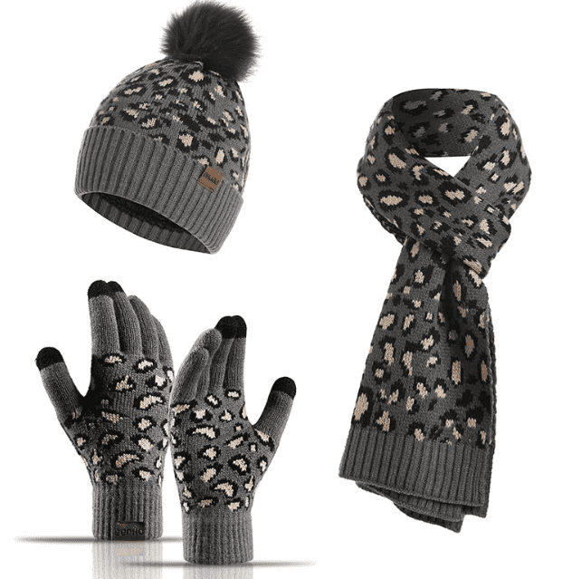 winter hat and scarf and glove set in leopard style