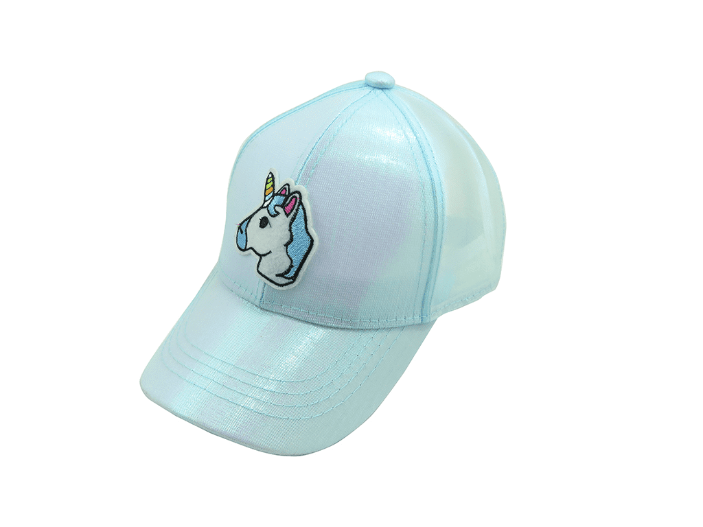 kids baseball hat with unicorn patch and in iridescent mint color fabric