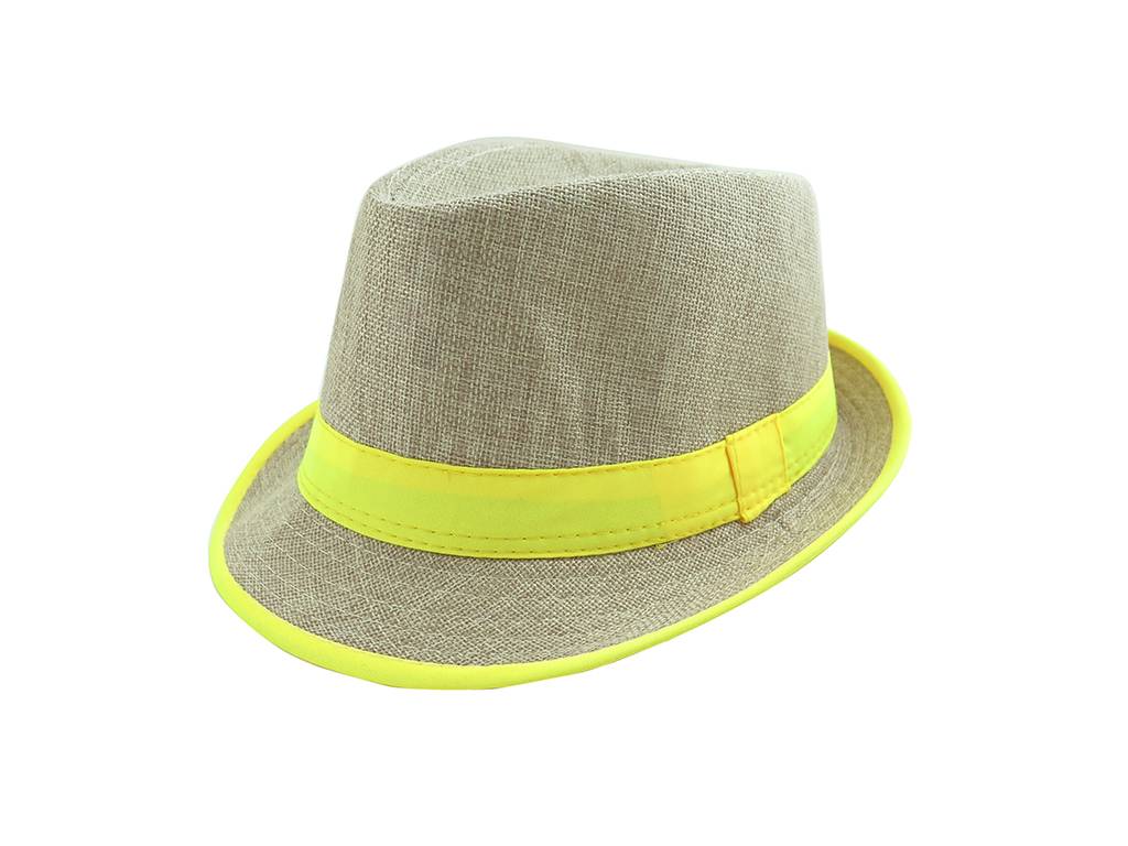 unisex beige color Panama hat with neon yellow band
