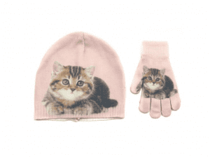 kids’ hat and gloves set with cat printing in pink color