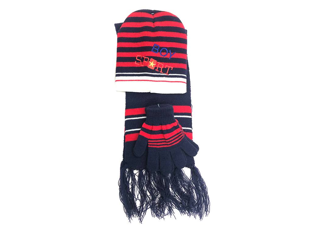 Kids Set of hat, scarf, glove with boy embroidery and stripe design