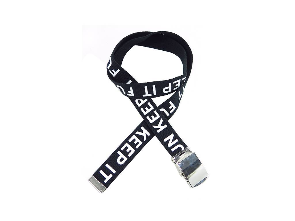 Men ‘s braided straps belt with silver buckle and white word printing.