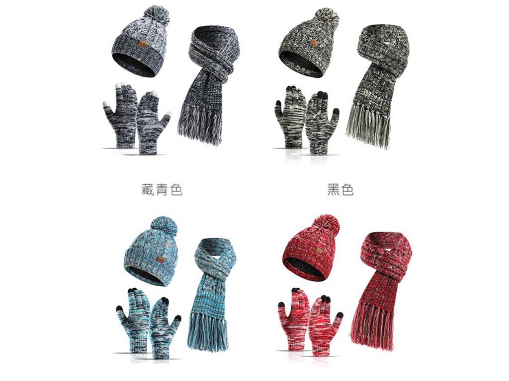 Color hat thickened scarf touch screen gloves three-piece set