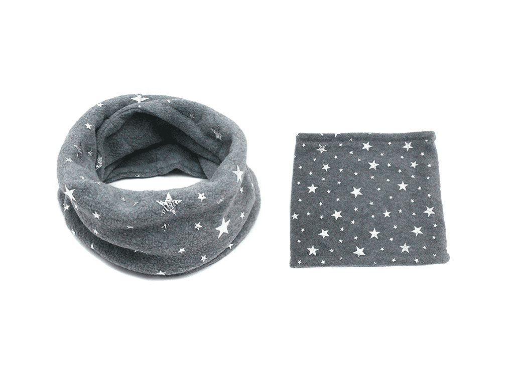 kids fleece loop scarf in gray color with silver star print