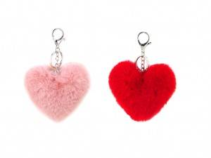Fake fur pompom key chain in heart shape in rose and red color
