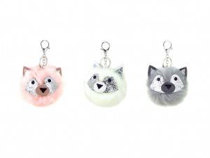 Fake fur pompom key chain in bear shape with rose/off white/ gray color