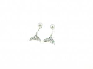Fish tail pendant ear studs with pearl and rhinestones