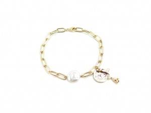 Gold big chain bracelet with natural pearl and rose pendant