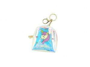 coin purse key chain with unicorn print and hologram PVC fabric